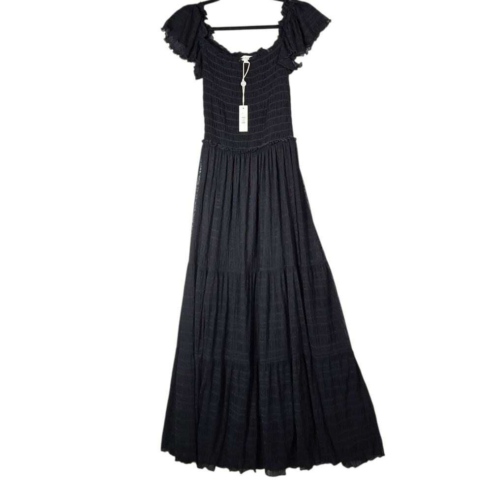 Max Studio Black Smocked Maxi Dress XS Flutter Sleeve Tiered Boho Whimsigoth